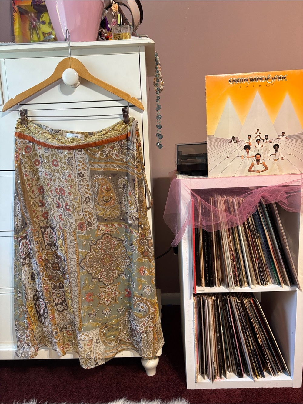 Vintage Silk y2k Long Skirt Scarf Print Embellished 90’s 12 Gold Sequin Klimt L